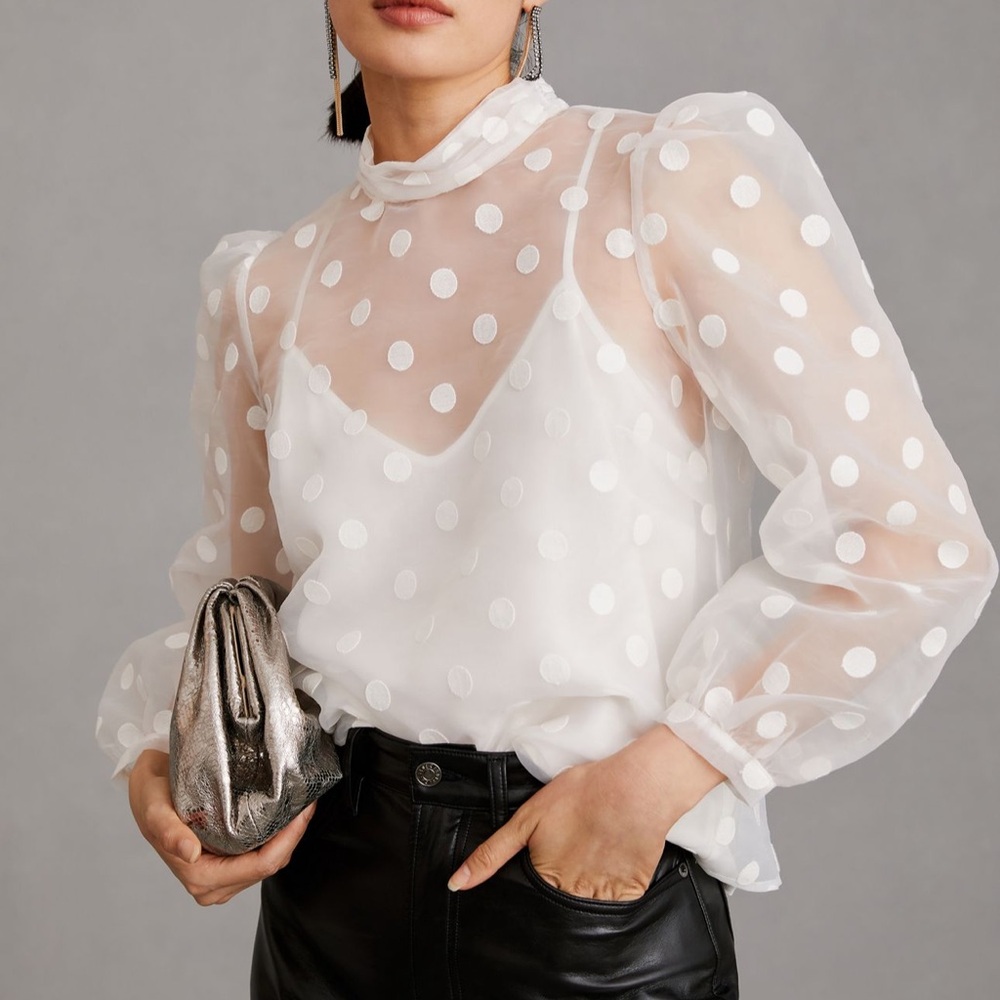 Anthropologie Flat White Sheet Polka Dot Blouse Size Large